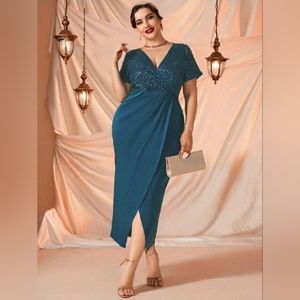 SHEIN Modely Plus Surplice Neck Contrast Sequin Dress